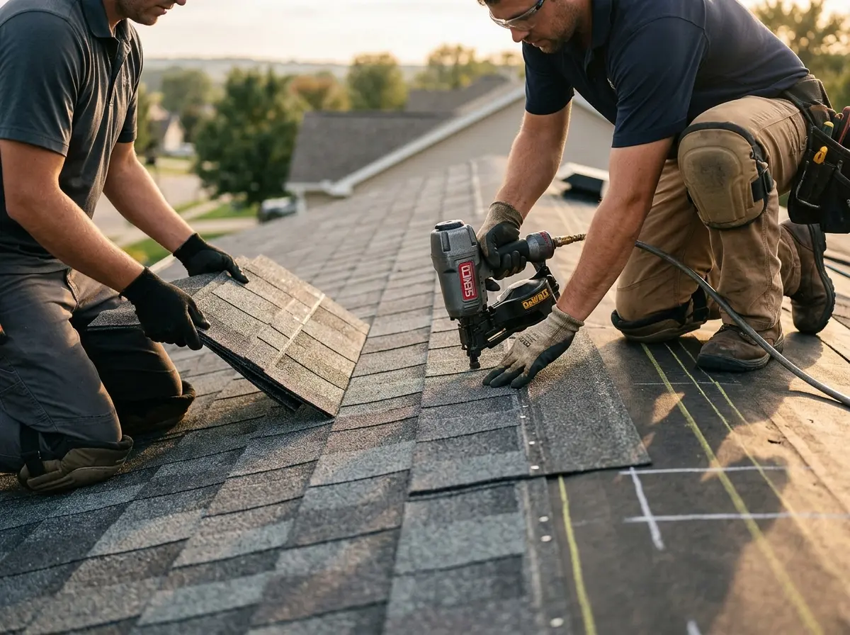 Professional roofer working on a residential roof in Fredericksburg